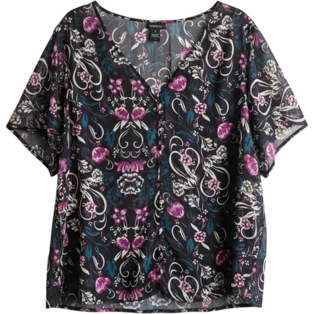 Torrid Womens Plus Size 2 (18 20) Black Floral Chiffon Kimono Sleeve Blouse